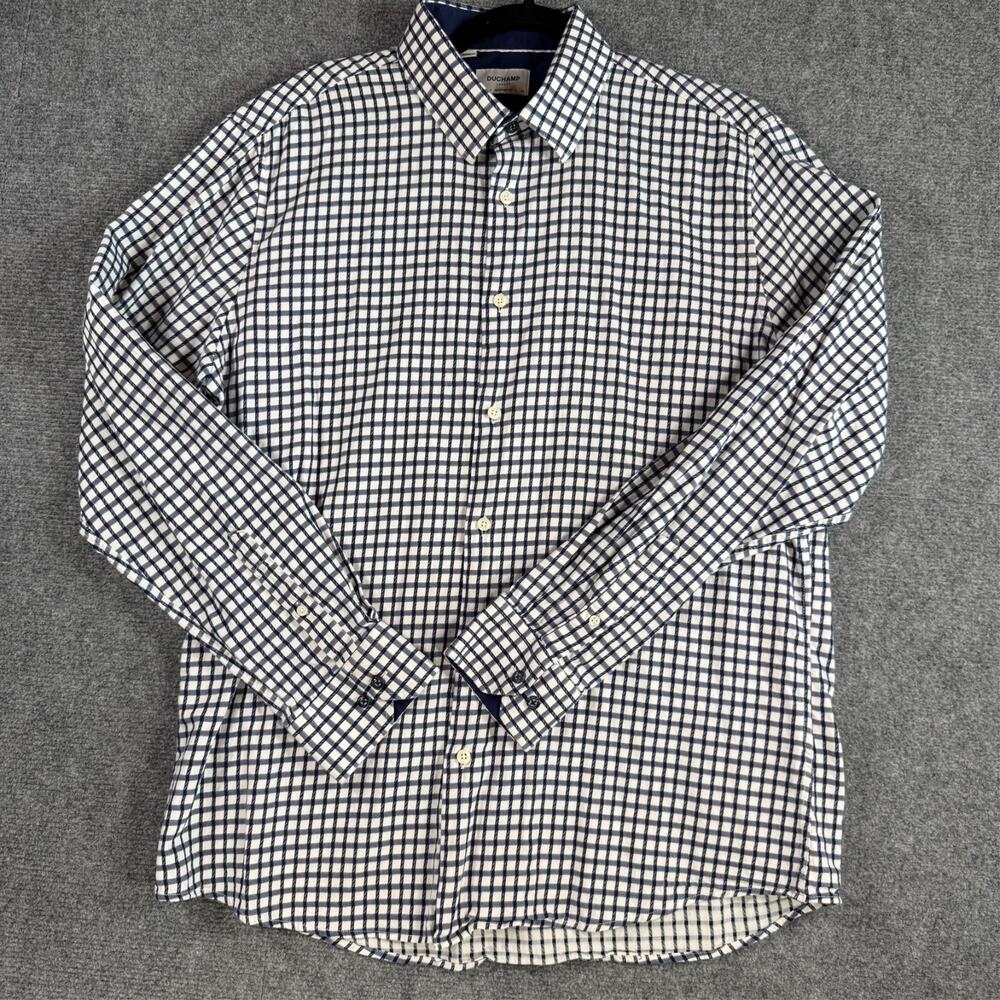 Blue White Check Cotton Stretch Duchamp London 17.5 XL Tailored Fit Dress Shirt